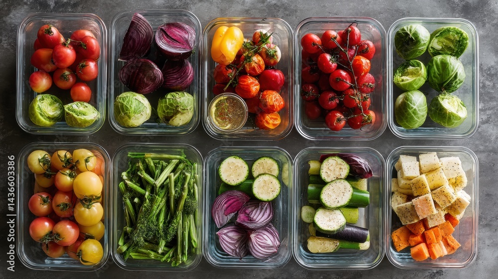 Meal prep containers filled with fresh summer produce, overhead view