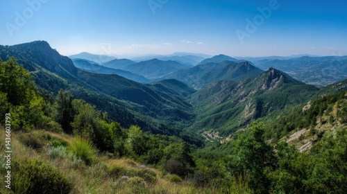 Obraz na płótnie Mountain landscape with wild greenery under clear blue sky, panoramic view w salonie