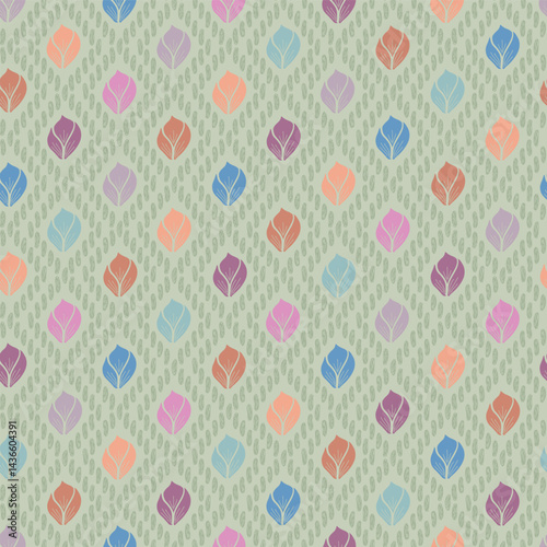 Pastel Colors of Block Print Tulips in a Diamond Textured Shape on a Sage Background creating a seamless pattern print