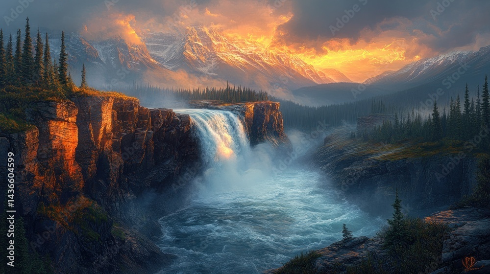 Fototapeta premium Majestic waterfall cascades down rocky cliffs at golden sunset