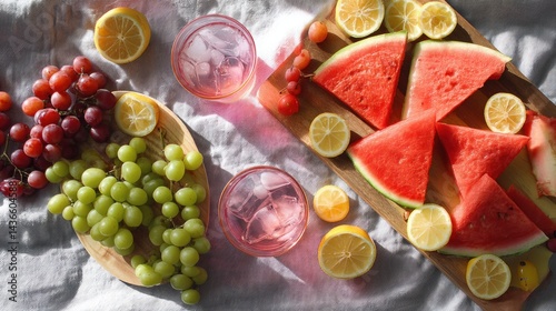 Obraz na płótnie Top-down photo of picnic blanket with watermelon slices, grapes, and lemonade arranged for a summer feast w salonie