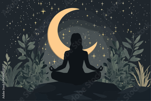 Vector illustration of a woman meditating under the moon with soft star and plant accents. Peaceful and symbolic. Ideal for wellness prints, digital covers, and product design