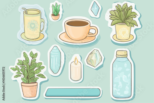 Flat vector sticker pack with wellness objects: tea, mat, crystal and candle. Soft pastel style. Ideal for journaling, packaging, planners, apps and mental health content
