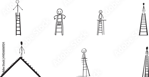 Cartoon Illustration of People on Ladders, Representing Different Levels of Success