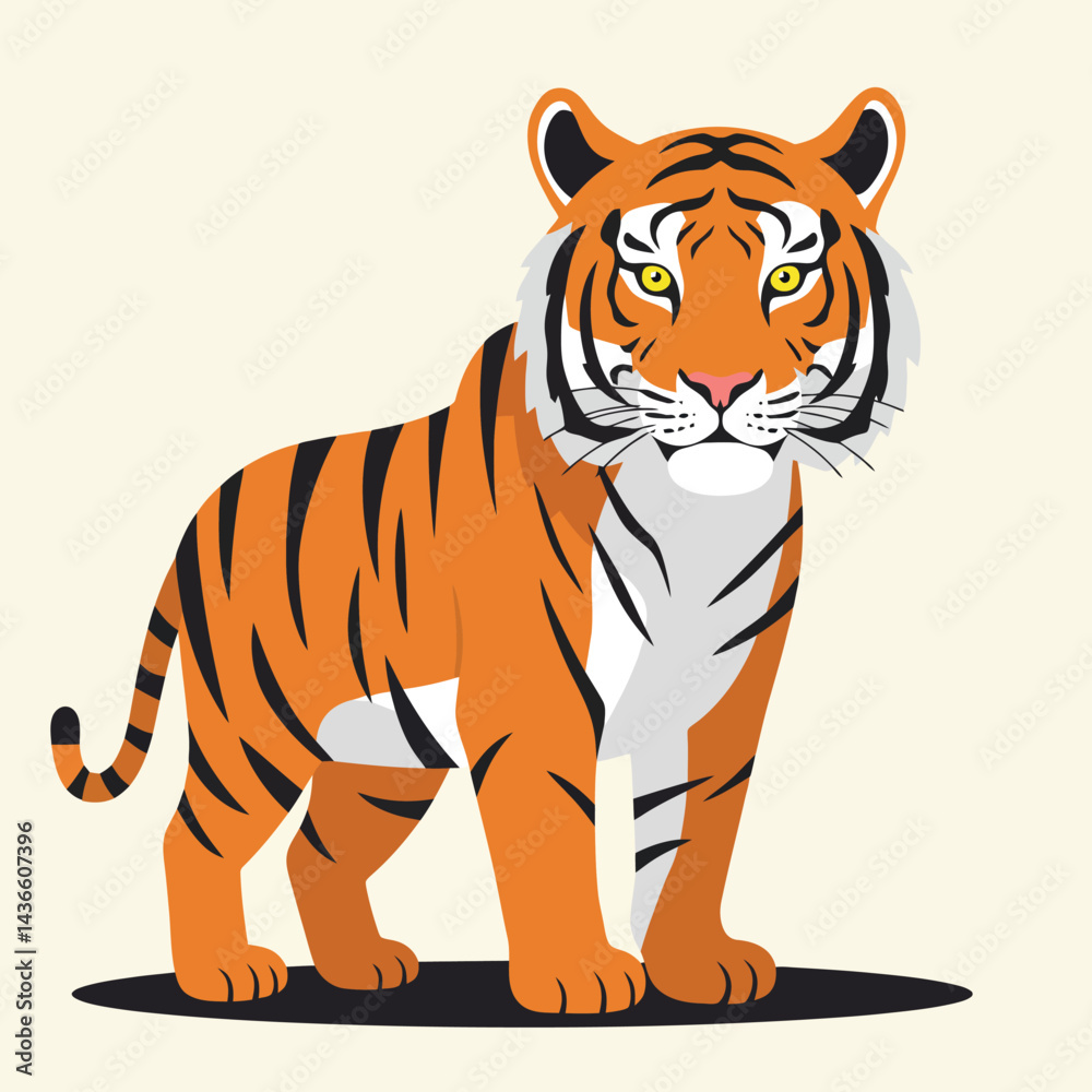Naklejka premium Creative Flat Vector Illustrations of Tiger: Minimalist, Modern, and Perfect for Pet-Themed Graphics.Charming Flat Vector Tiger Illustration: Playful, Minimal, and Versatile Cartoon Primate Design 
