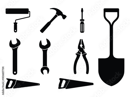 Set of Black and White Construction Tools Icons. paint roller, hammer, screwdriver, wrench, pliers, saw, shovel silhouette black white vector illustration
