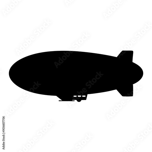 A stark black silhouette of a classic airship zeppelin against white backdrop