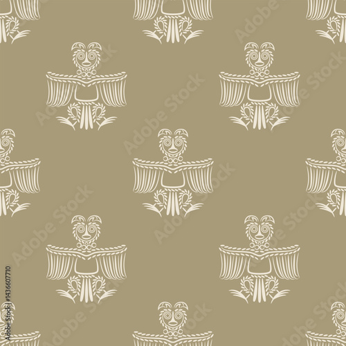 Seamless monochrome pattern with stylized owls. Ethnic Russian totem bird from ancient Siberia. Permian animal style. 