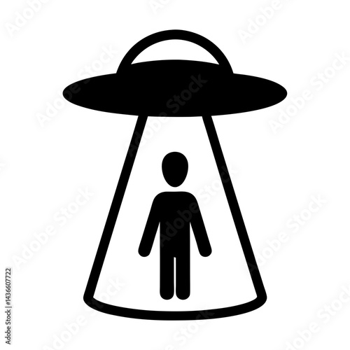 Iconic representation of alien abduction with UFO and human silhouette being beamed up