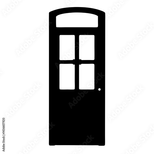 Silhouette of a traditional four paneled door with transom window