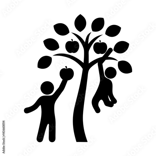Two stick figures harvesting apples from a bountiful tree in silhouette