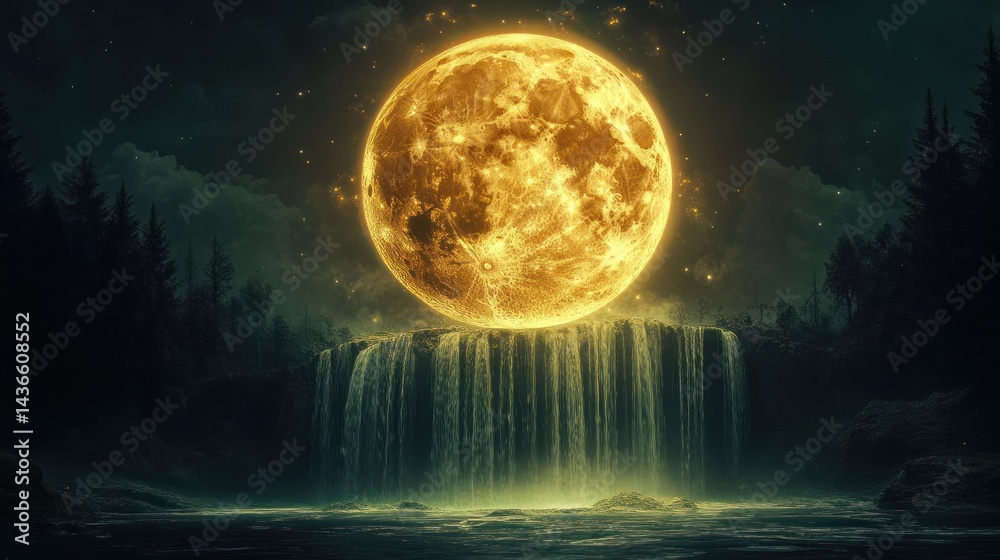 Fototapeta premium Enormous moon over cascading waterfall at night, fantasy landscape, mystical background