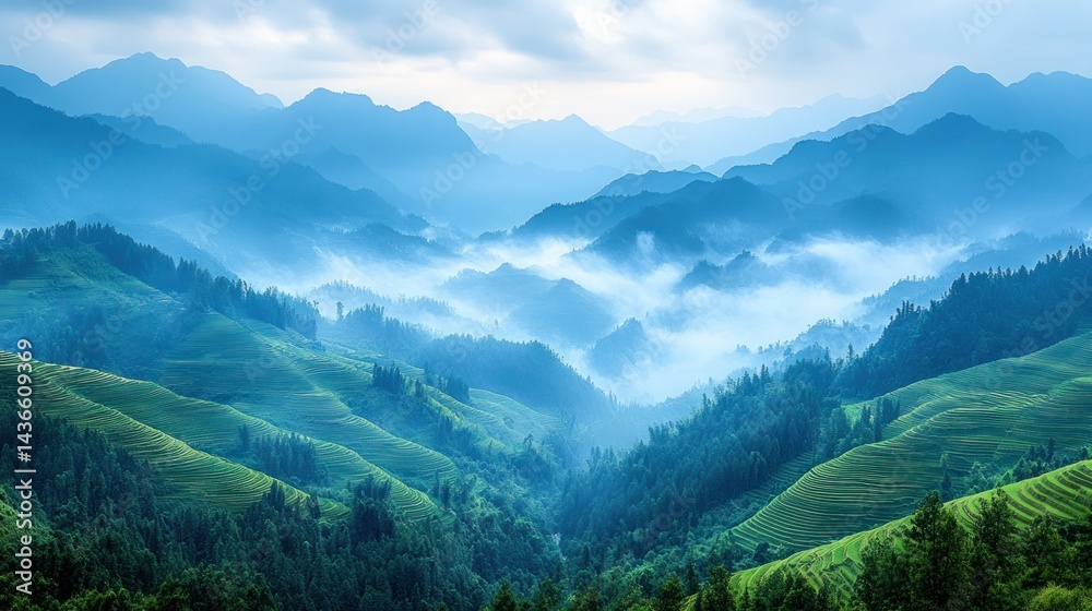 Fototapeta premium Misty mountain landscape with terraced rice paddies