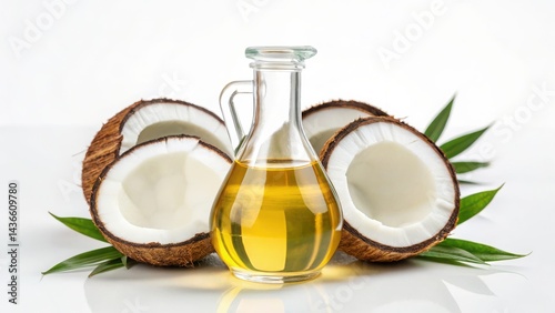 MCT oil in a bottle with halved coconuts and green leaves.