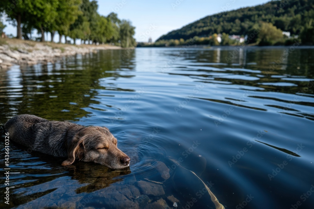 A serene image of a dog swimming in a calm river, showcasing a peaceful setting surrounded by lush greenery, evoking feelings of tranquility and nature's beauty. A serene image of a dog swimming in a calm river, showcasing a peaceful setting surrounded by lush greenery, evoking feelings of tranquility and nature's beauty.