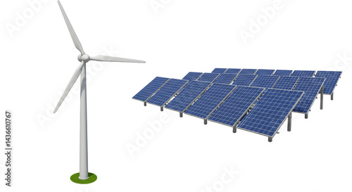 A wind turbine and solar panels are shown against a black background in a digital rendering style image