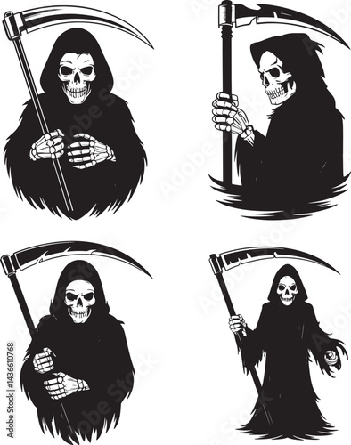 Grim Reaper silhouette set vector illustration isolated On Transparent Background