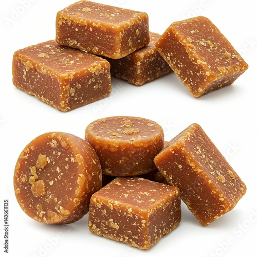 Close-up of Brown Sugar Cubes and Round Pieces Against White Background