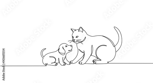 Outline of a cat and puppy with playful mood interacting on white background