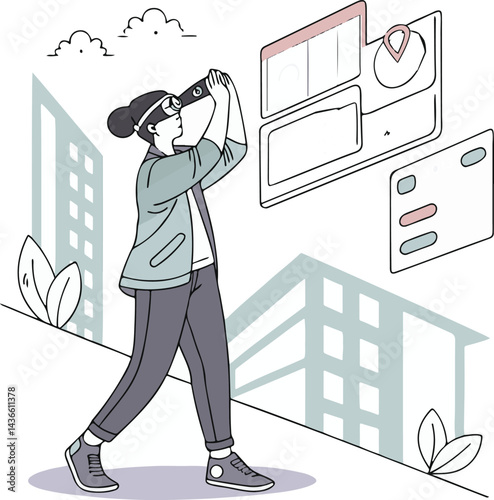 Person Interacting with Augmented Reality Vector Interface in Futuristic Environment