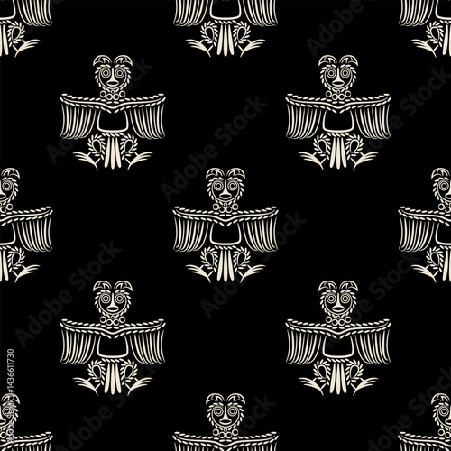 Seamless black and white pattern with silhouetted stylized owls. Ethnic Russian totem bird from ancient Siberia. Permian animal style. 