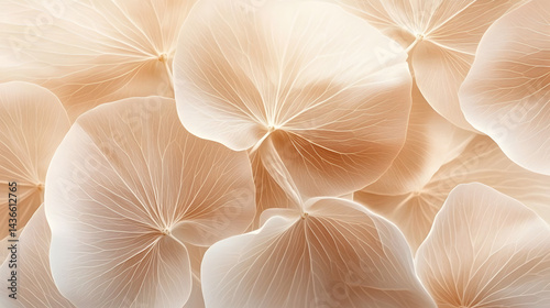 Nature abstract of flower petals, beige transparent leaves with natural texture as natural background or wallpaper. Macro texture, neutral color aesthetic photo with veins of leaf, botanical design.
