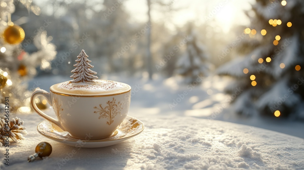 Fototapeta premium Festive winter hot beverage in snowy scene