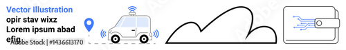 Self-driving car with GPS, connected cloud server, and wallet chip. Ideal for mobility, AI technology, finance, internet connectivity, automation, network solutions simple landing page