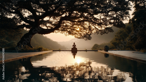 Serene Buddha Statues in Dhyana Mudra Meditation Pose Under Misty Bodhi Trees at Dawn With Lotus Flowers and Calm Water Reflections