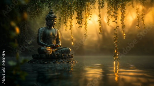 Captivating Buddha Statues in Dhyana-Mudra Amidst Misty Bodhi Trees at Dawn With Lotus Flowers and Tranquil Water Reflections During Vesak Celebrations