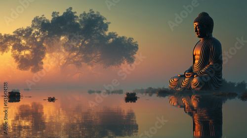 Experience Tranquility With Photorealistic Buddha Statues in Meditation Beneath Misty Bodhi Trees During Dawn's Serene Light
