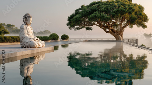 Serene Buddha Statues in Dhyana-Mudra at Dawn Under Misty Bodhi Trees by Calm Water With Lotus Flowers