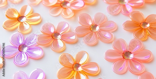 Colorful flower-shaped embellishments.  Delicate, iridescent blossoms in shades of peach, orange, and lavender