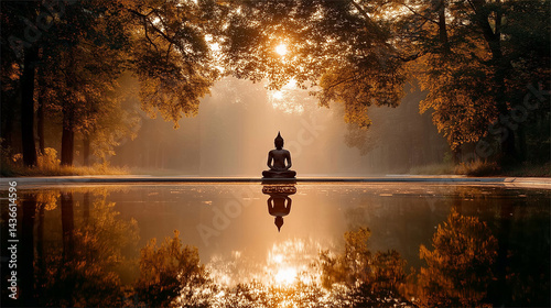 Buddha Statues in Dhyana Mudra at Dawn Under Bodhi Trees With Reflections in Serene Water During Vesak Celebrations