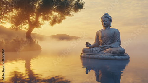 Photorealistic Buddha Statue in Dhyana Mudra Surrounded by Misty Bodhi Trees at Dawn, Evoking Serenity and Spiritual Tranquility