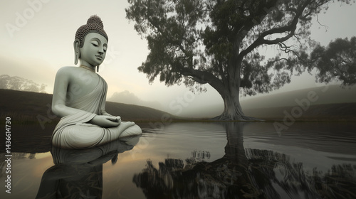 Serene Buddha Statue in Meditation Pose Beneath Misty Bodhi Trees at Dawn With Lotus Flowers and Calm Water Reflections on Vesak