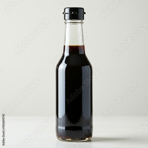 Close-up of a dark soy sauce bottle.