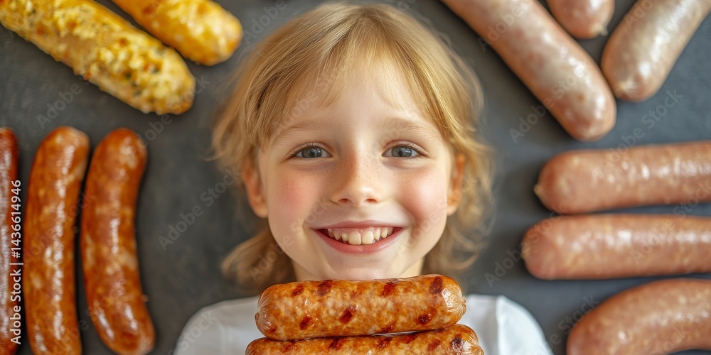 A happy child smiles while holding sausages. The image captures a playful moment in a vibrant kitchen setup. Perfect for food-related content or family meals. AI