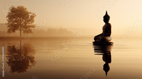 Buddha Statues in Serene Dhyana Mudra Meditation Under Bodhi Trees at Dawn With Reflections on Tranquil Water