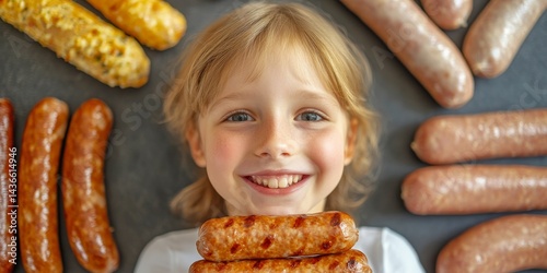 Obraz na płótnie A happy child smiles while holding sausages. The image captures a playful moment in a vibrant kitchen setup. Perfect for food-related content or family meals. AI w salonie
