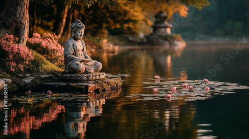 Buddha Statues in Dhyana Mudra Surrounded by Misty Bodhi Trees and Lotus Flowers at Dawn Invoke a Serene Vesak Ritual Atmosphere