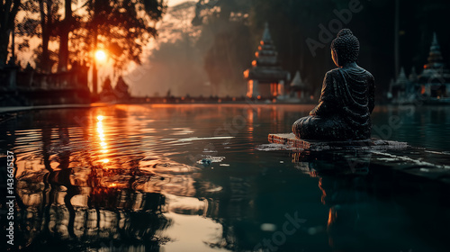 Serene Buddha Statues in Dhyana Mudra Beneath Bodhi Trees, Bathed in Golden Sunrise Light and Surrounded by Lotus Flowers and Still Water Reflections
