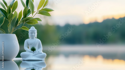 Buddha Statue in Dhyana Mudra Meditation Surrounded by Lotus Flowers and Misty Bodhi Trees at Dawn, Capturing the Serenity of Vesak Celebration