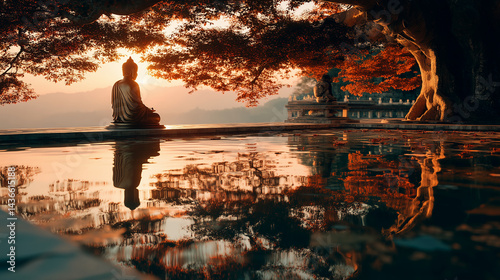 Cohesive Collection of Buddha Statues in Meditation Pose Beneath Bodhi Trees at Dawn, Surrounded by Lotus Flowers and Calm Water Reflections During Vesak Celebration