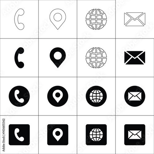 set of call  icons, location icons, web icons, email icons 