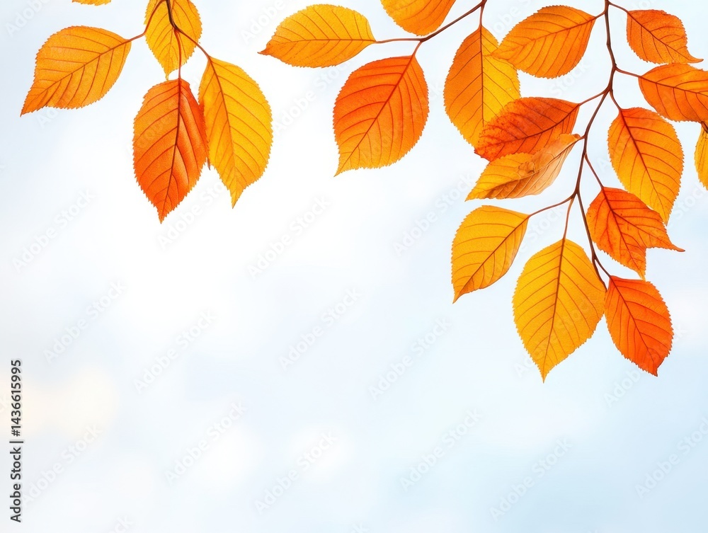 Vibrant orange autumn leaves against a soft, light blue sky. Plenty of copy space Vibrant orange autumn leaves against a soft, light blue sky. Plenty of copy space
