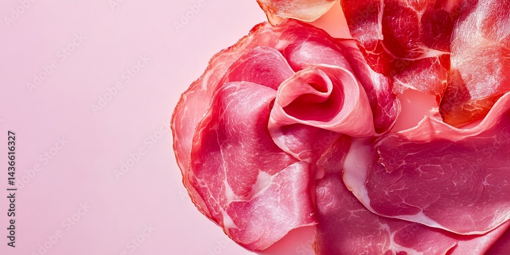 A beautiful composition of thinly sliced meat arranged like a flower. The vibrant pink hues create an artistic and appetizing feel. This image captures culinary creativity and style. AI