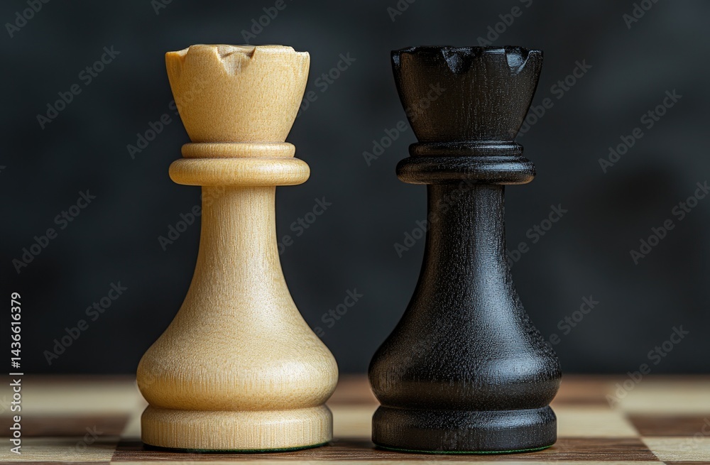 Fototapeta premium Contrast of Black and White Chess Queen Pieces on Chessboard with Blurred Backdrop and Selective Focus in a Studio Setting