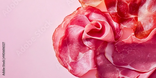 Obraz na płótnie A beautiful composition of thinly sliced meat arranged like a flower. The vibrant pink hues create an artistic and appetizing feel. This image captures culinary creativity and style. AI w salonie