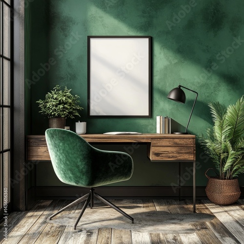 Black frame poster, green chair, wood desk.